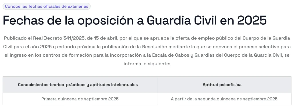 Imagen que muestra la tabla calendario fechas oposiciones a Guardia Civil en 2025 publicado por Academia Mirapol
